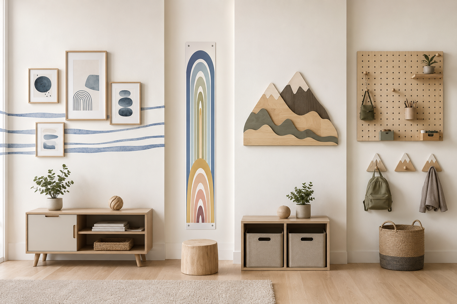 Kids wall decor guide comparing an art wall, growth wall, themed wall and organization wall