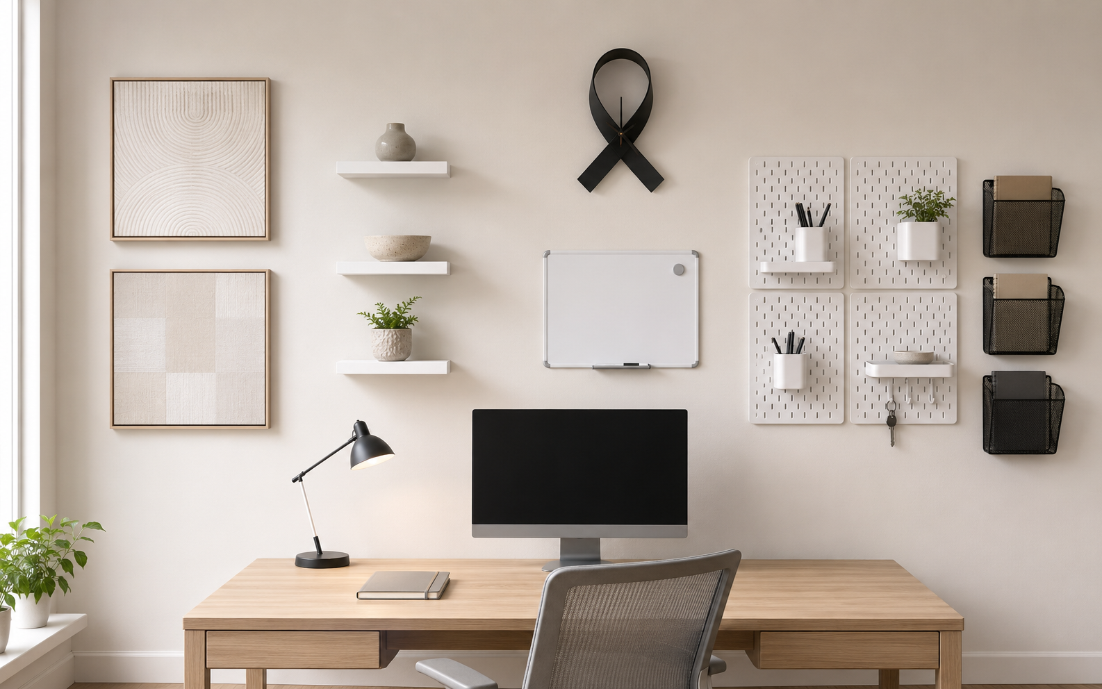 Organized office wall showing art, floating shelves, a small whiteboard, pegboard storage, wall files and black clock.