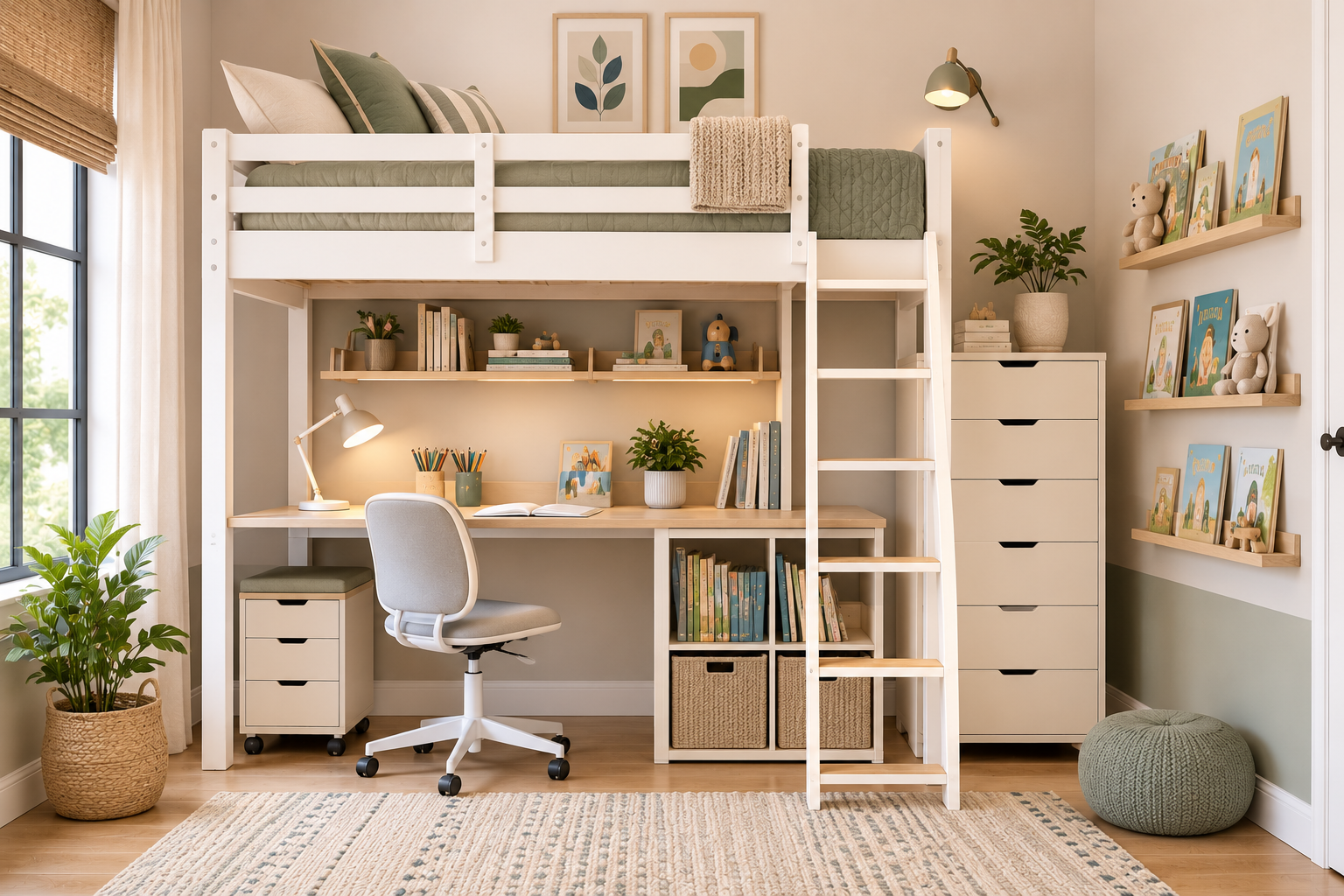 Organized playroom with a fold-down wall desk, built-in vertical storage, toy bins, books and an open activity area.