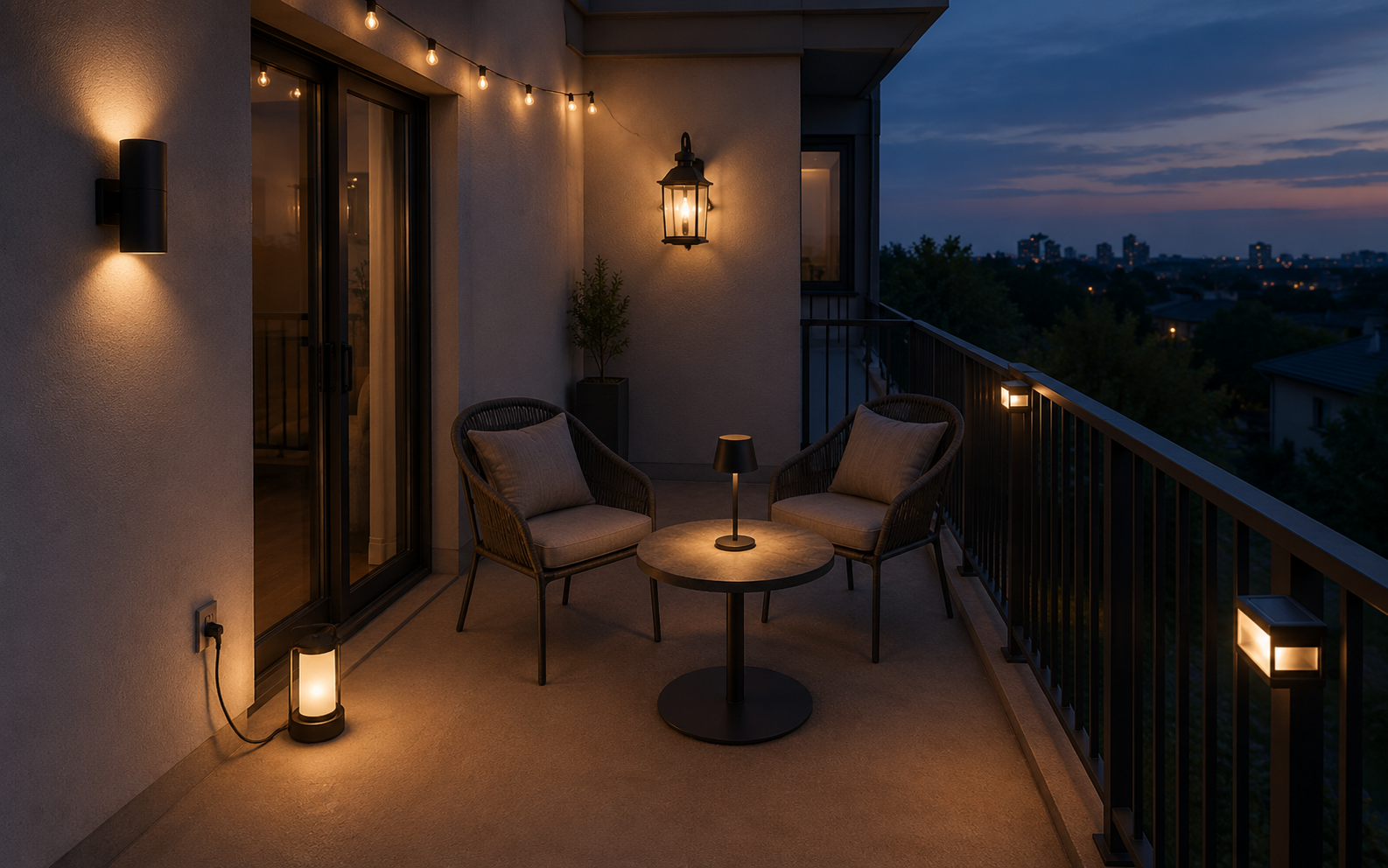 Balcony showing string lights, wall fixtures, railing lights, table lamp and visible outdoor power route.