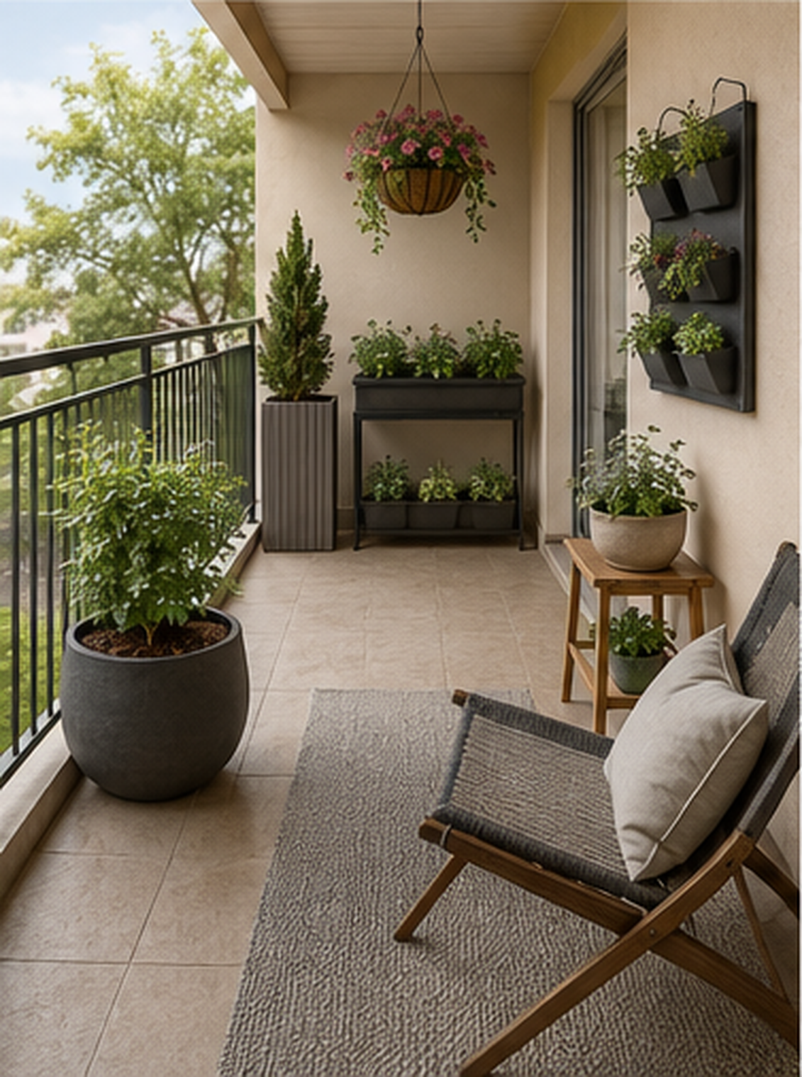 Balcony showing floor, railing, wall-mounted, elevated and hanging outdoor planter positions