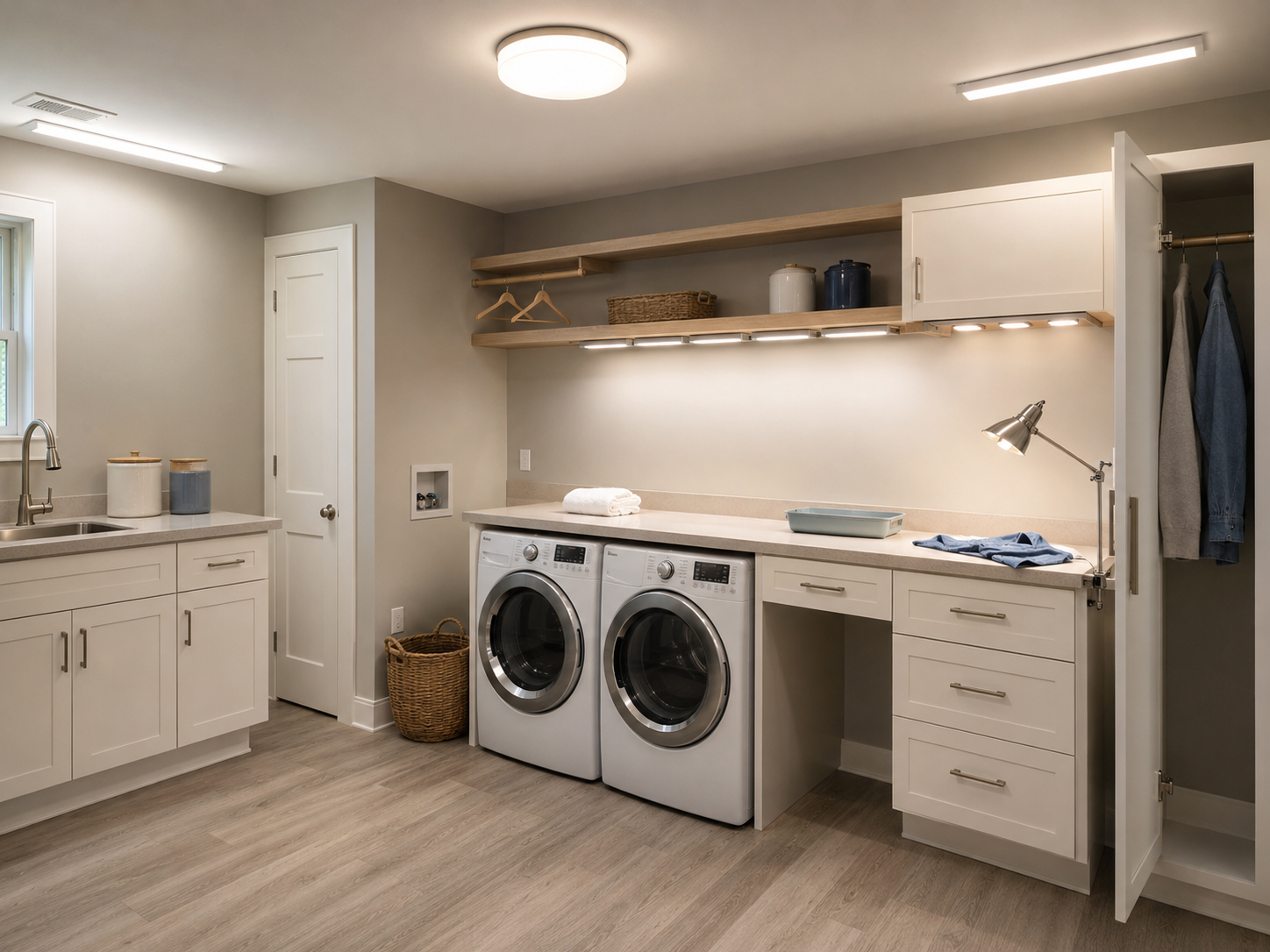 Laundry room with ceiling, utility, under-shelf and clamp-mounted task lights illuminating separate wash-day zones.