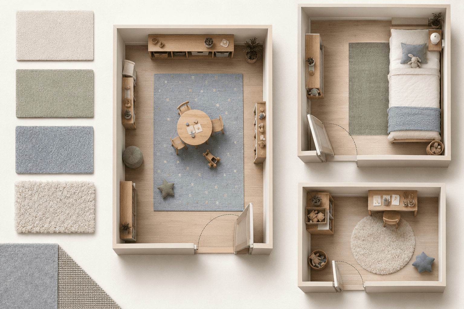 Top-down kids room placement guide showing rug footprints, furniture relationships and door-swing clearance