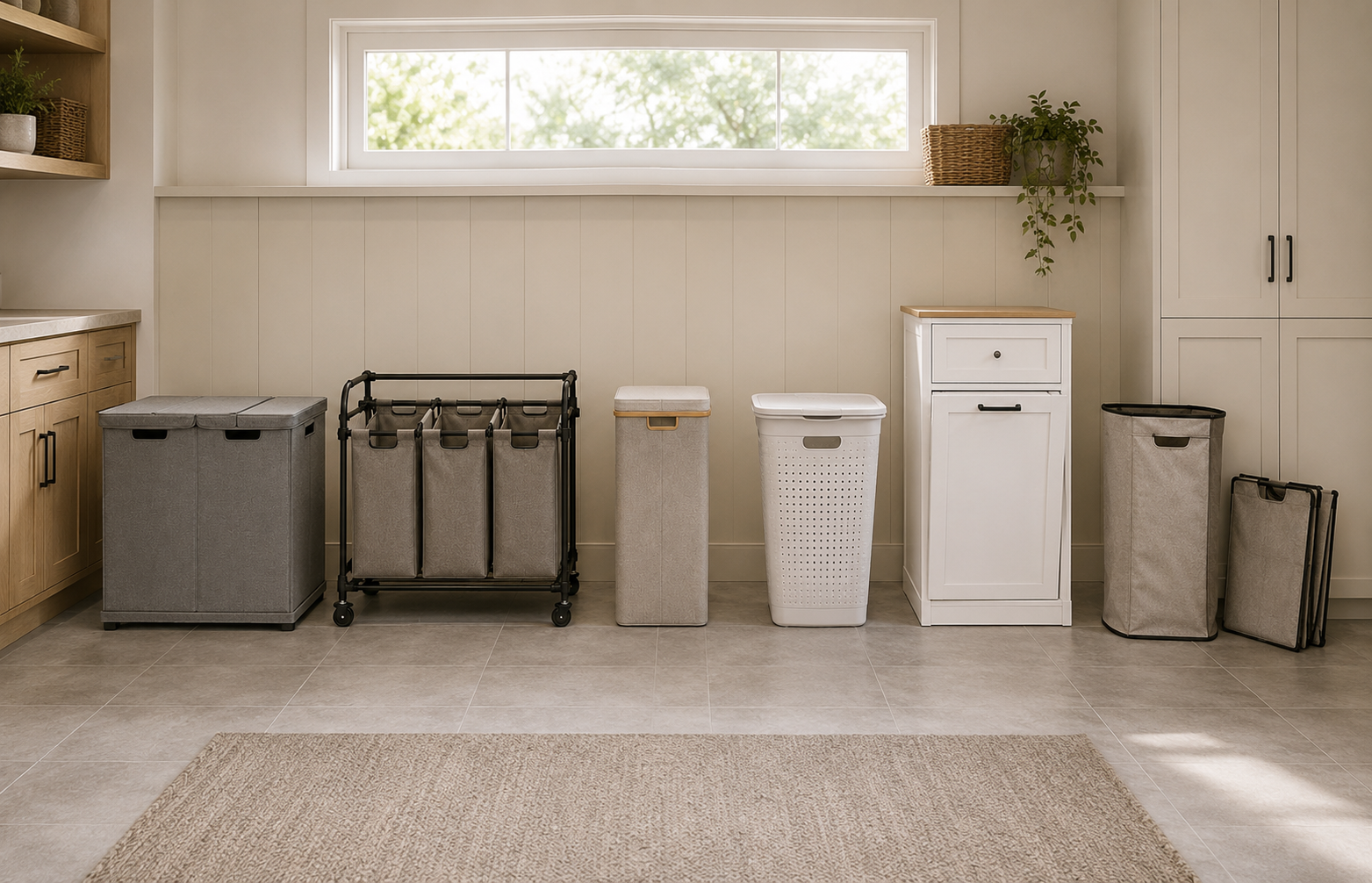 Six hamper solutions arranged across a laundry room wall, including divided, rolling, slim, rigid, concealed and collapsible formats.