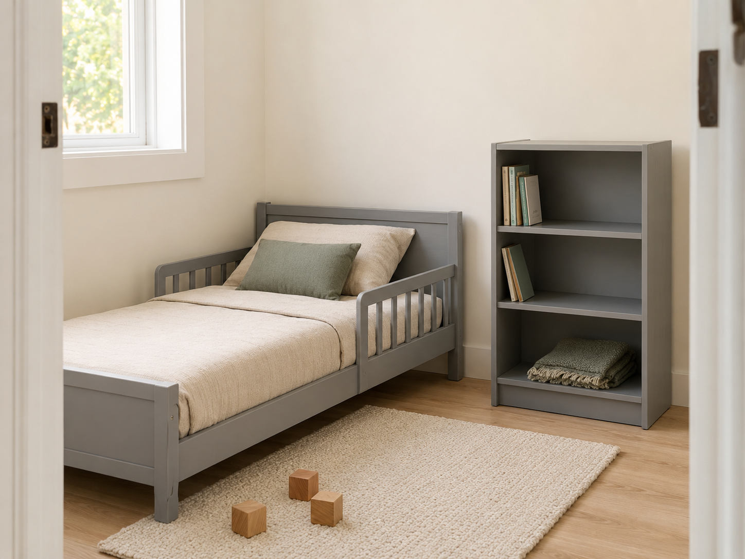 Planned kids room layout showing furniture placement, open floor space and practical access clearances