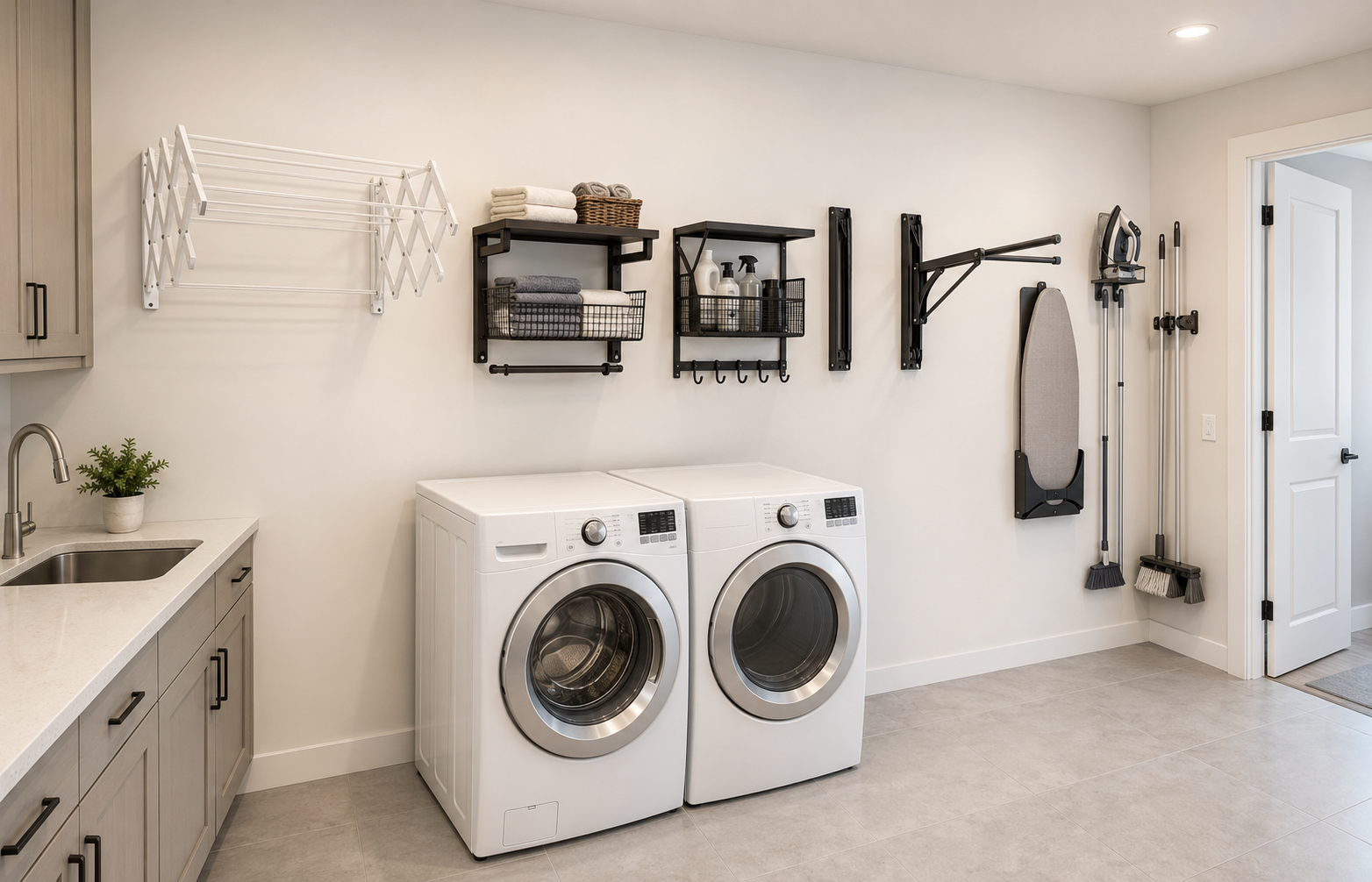 Laundry wall comparison showing fixed shelves, an accordion drying rack, swing-arm hangers, ironing-board storage and cleaning-tool holders.