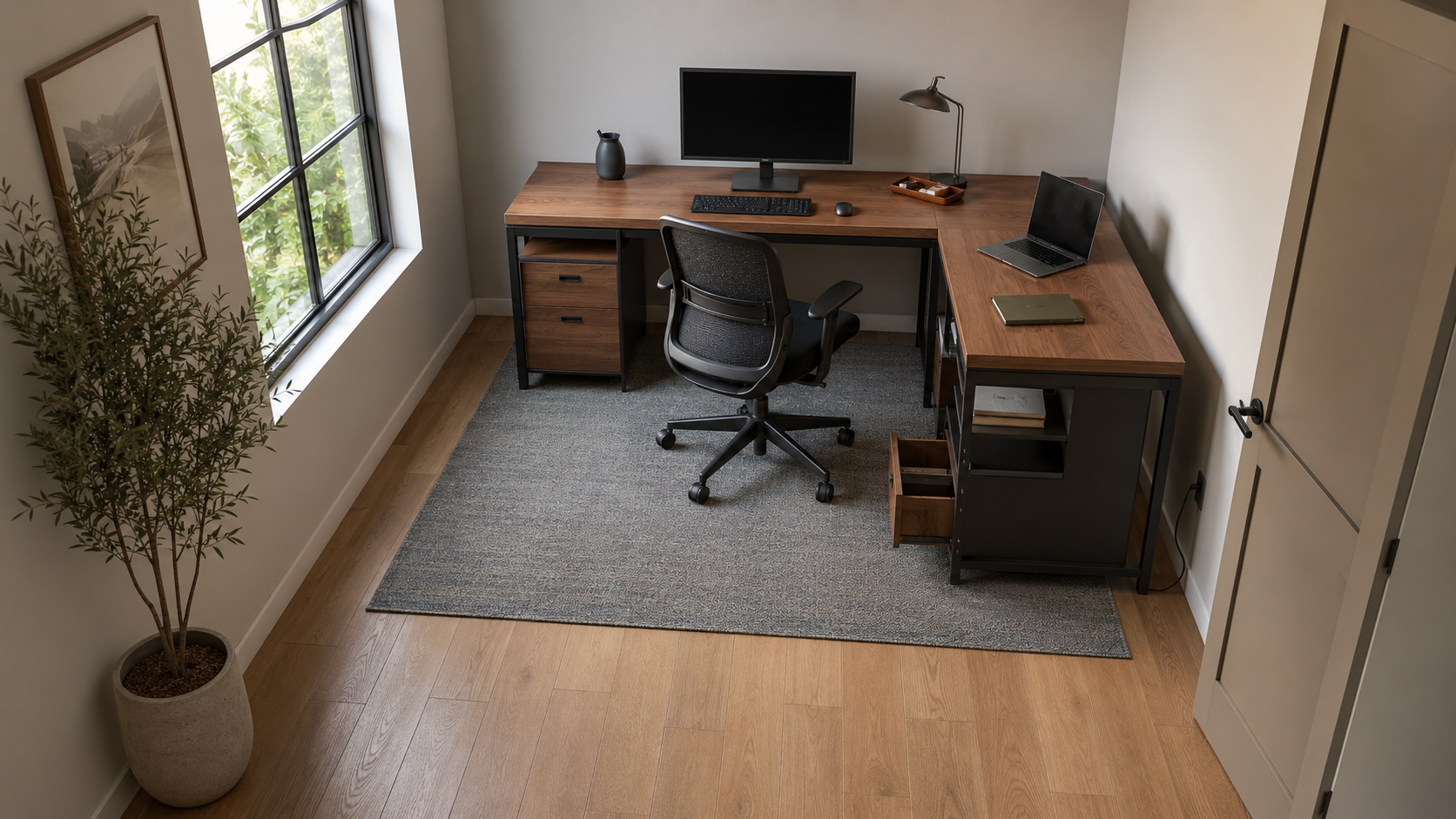 Elevated view of an L-shaped home office desk showing chair clearance, storage access, window placement and an open walkway