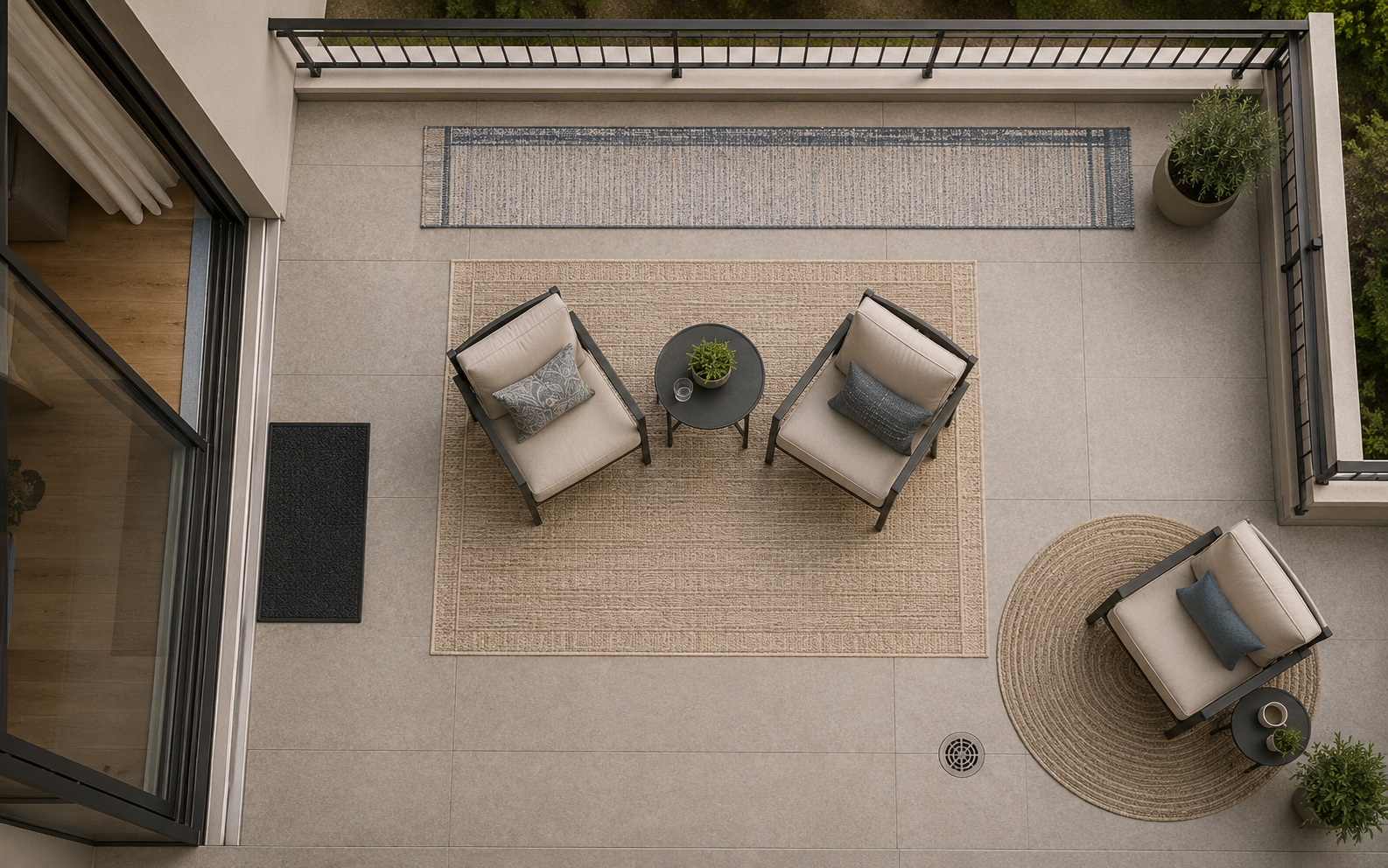 Top-down balcony layout showing a rectangular rug, runner, round rug, doorway clearance and an uncovered floor drain.