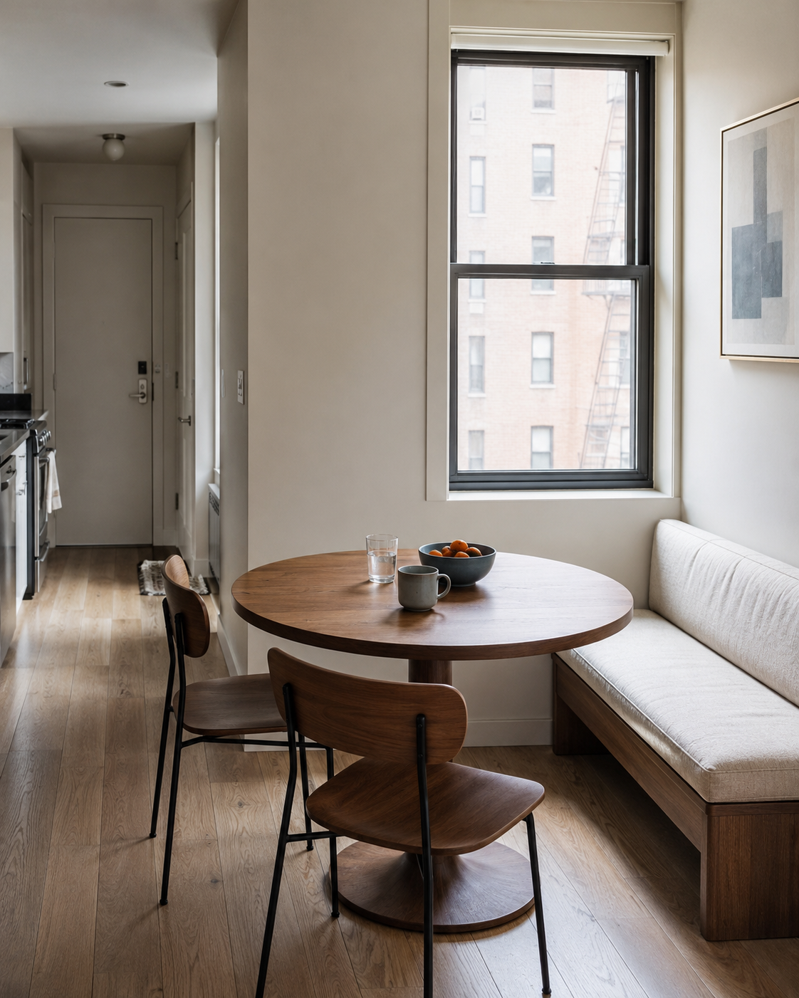 Small apartment breakfast nook with a round wood table, upholstered wall bench and two compact dining chairs