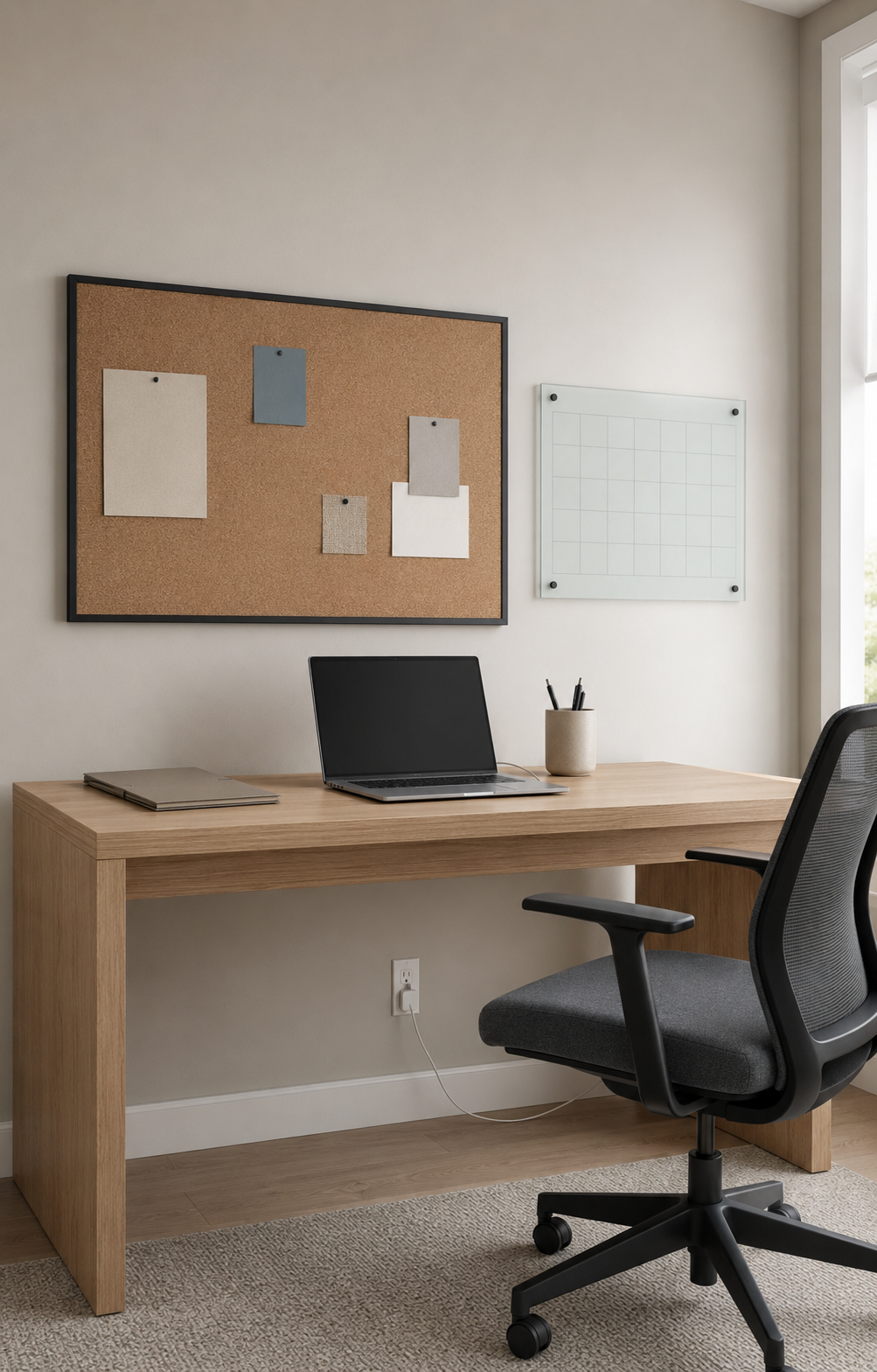Compact oak home office with an organized cork pinboard and frosted-glass monthly wall calendar.