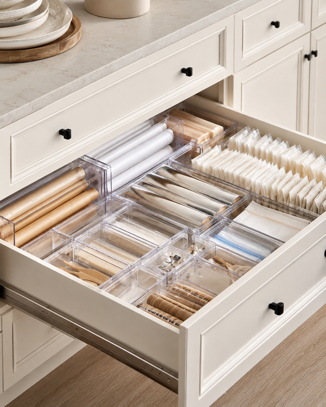 Kitchen wrap and bag drawer organization with foil organizer, zip bag organizer, and clear drawer trays