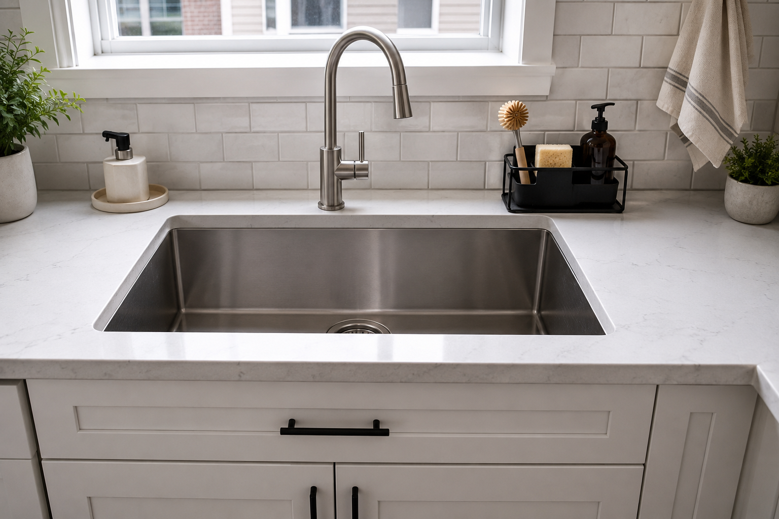 Kitchen sink showing the open bowl, faucet arc, handle clearance and usable counter ledges.