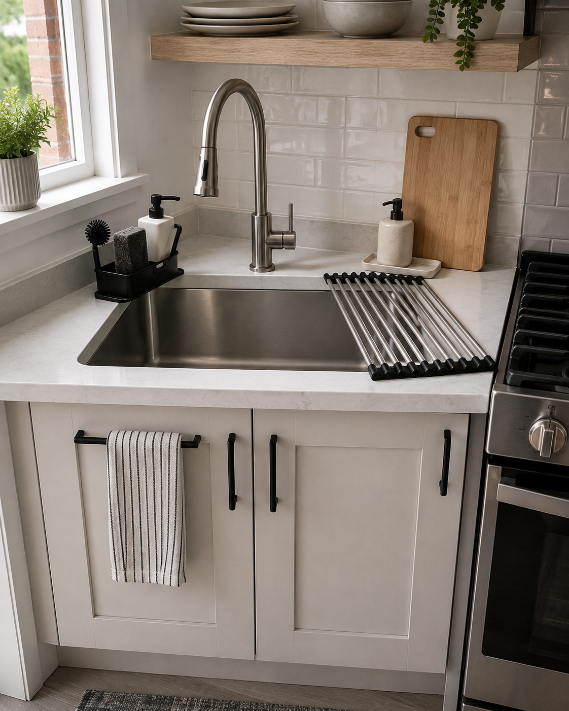Small kitchen sink using compact tool storage and a roll-up rack to preserve limited counter space.