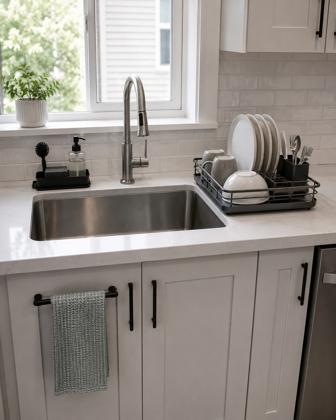 Everyday kitchen sink with a compact dish rack holding plates and glasses while counter space remains open.