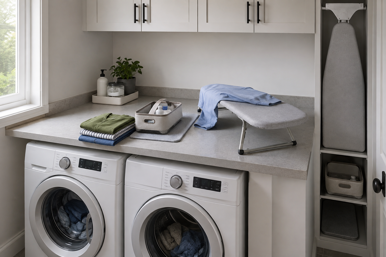 Temporary laundry tools brought onto a clear counter for the active wash cycle while permanent supplies remain contained at the edge.