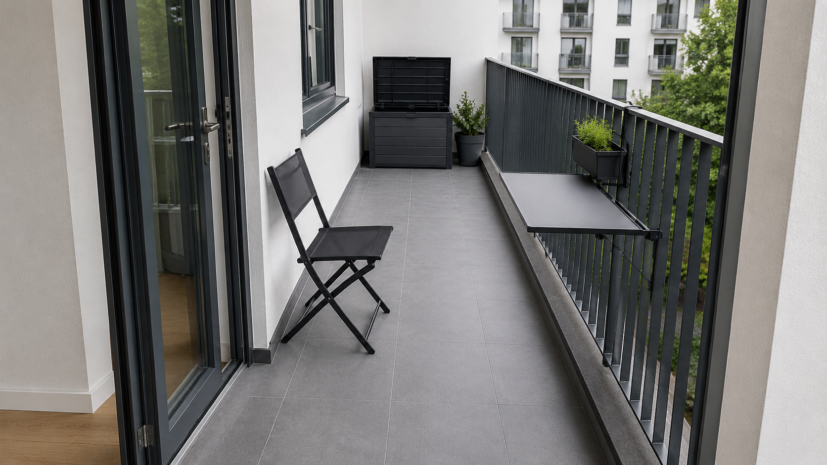 Small Balcony Solutions - Ravnora Decor Small balcony with doorway, folding chair, railing table and storage all open while a clear walking route remains.