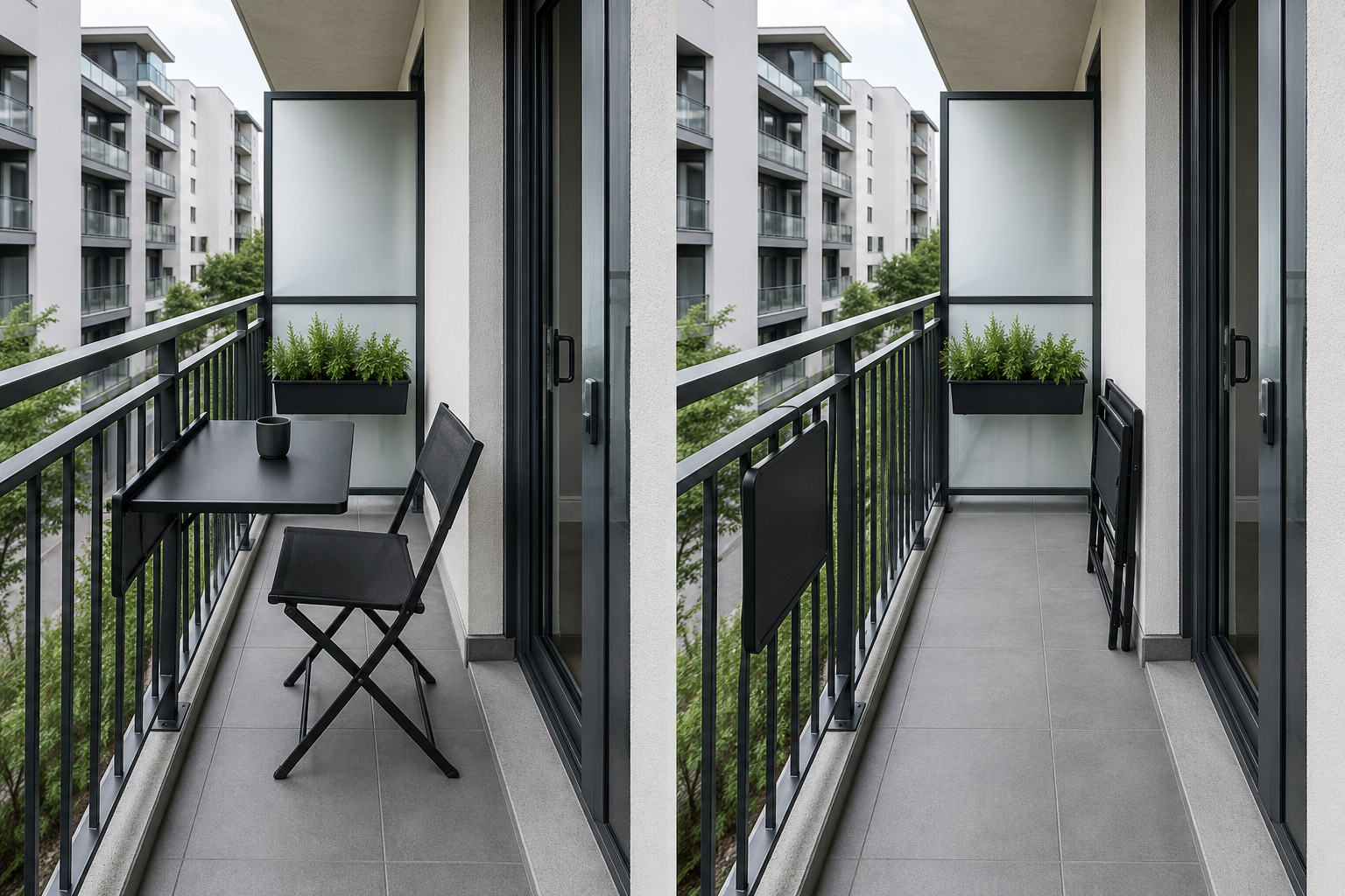 Small Balcony Solutions - Ravnora Decor Same narrow balcony shown with folding furniture open for use and then folded away to reveal its active and parked footprints.