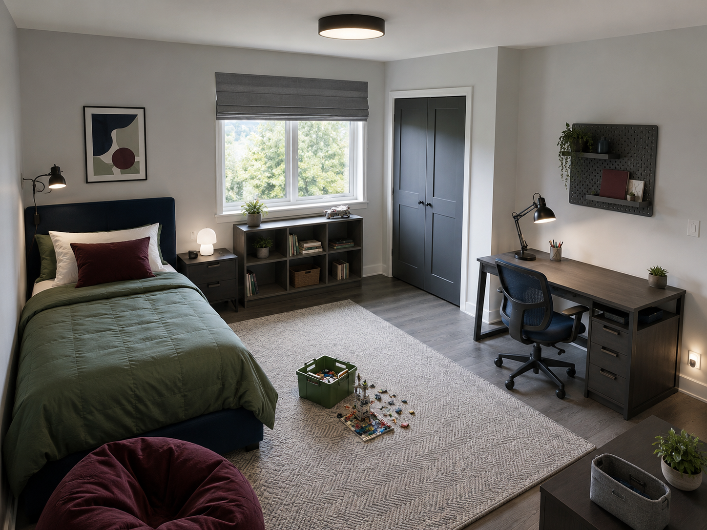 Elevated kids-room view showing bed, play and study zones for an activity-to-light map.