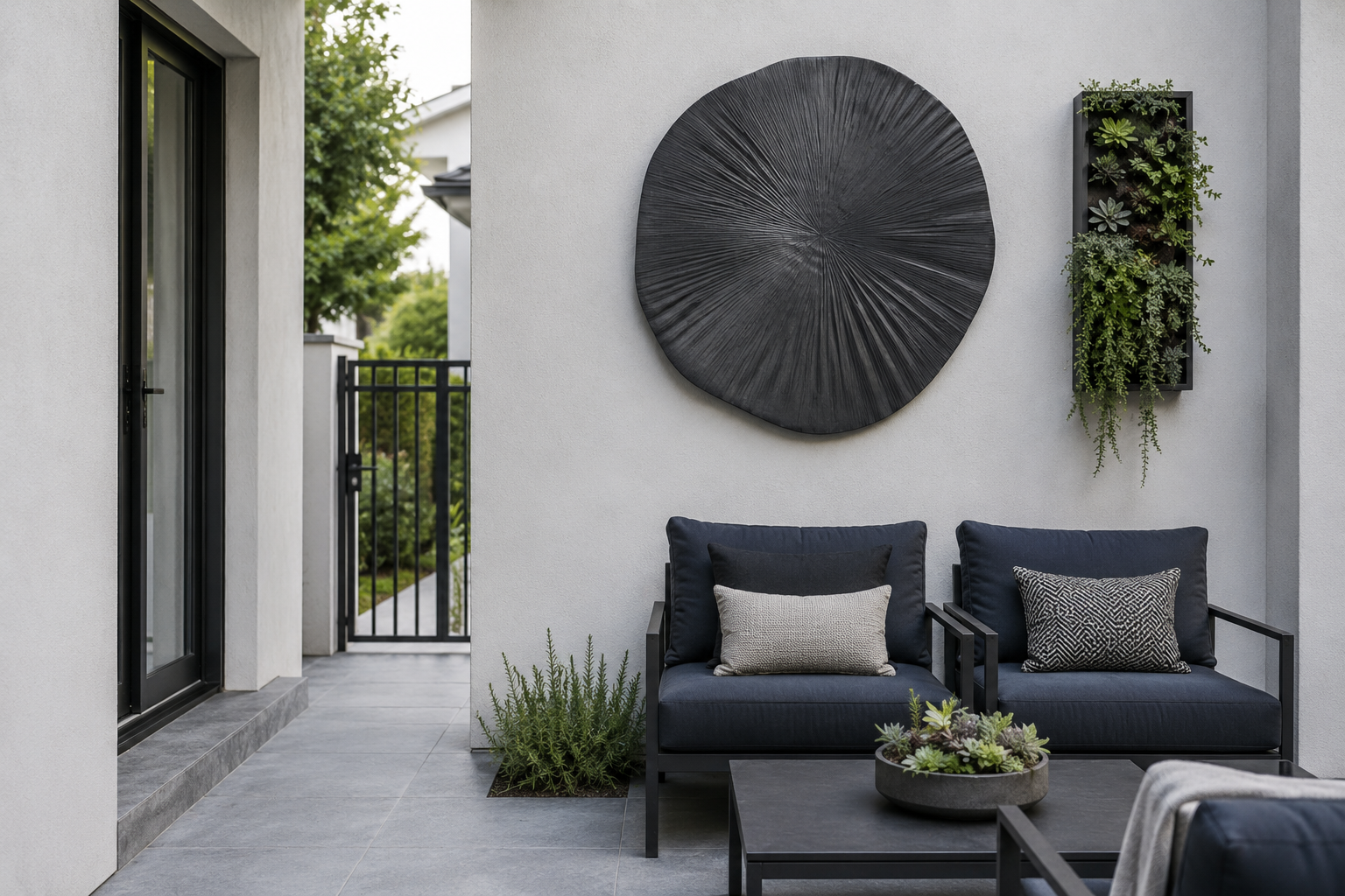 Patio wall showing one dominant art anchor, one supporting green accent, and a clear doorway edge.
