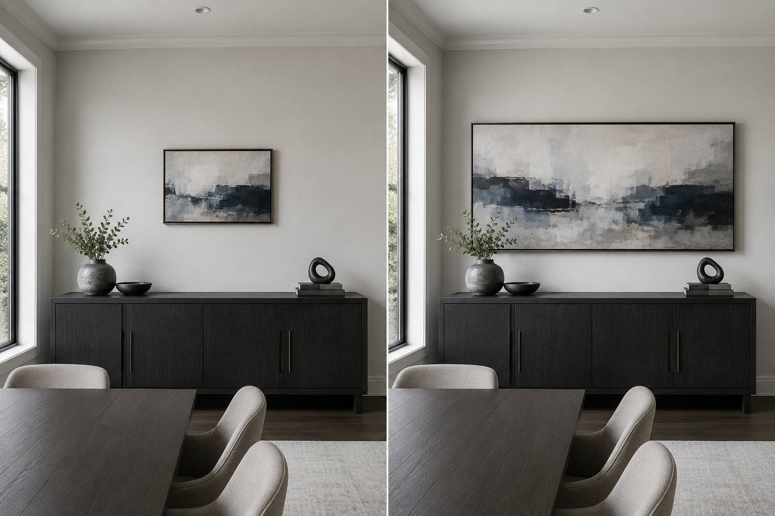 Side-by-side dining wall comparison showing undersized artwork versus correctly scaled artwork