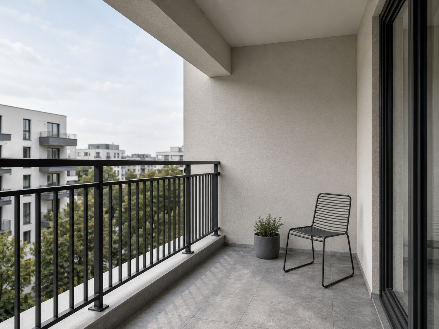 Apartment balcony showing separate railing, overhead-support, floor and solid-wall zones for planning a privacy installation.