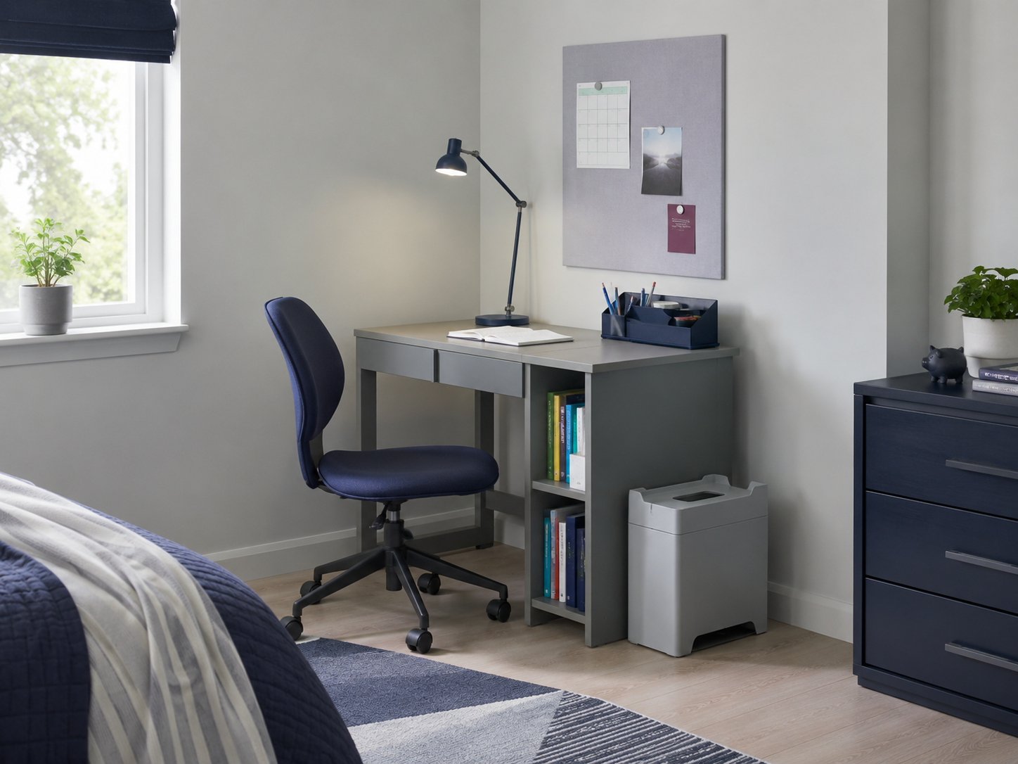 Kids bedroom corner fitted with a compact storage desk, adjustable chair, task lamp and wall organization.