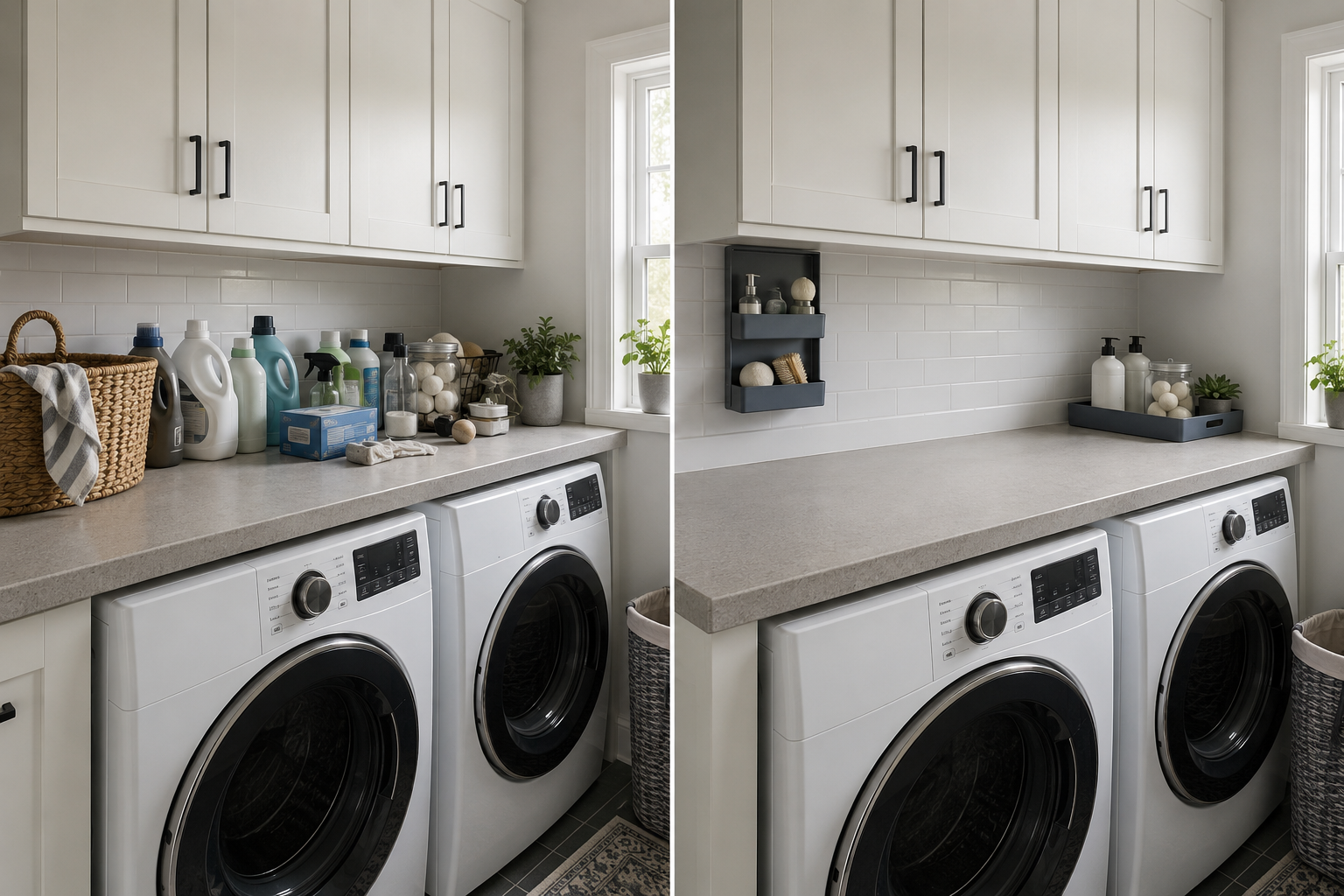 Same laundry counter before and after organization, showing clutter spread across the surface versus a contained supply edge and clear work area.