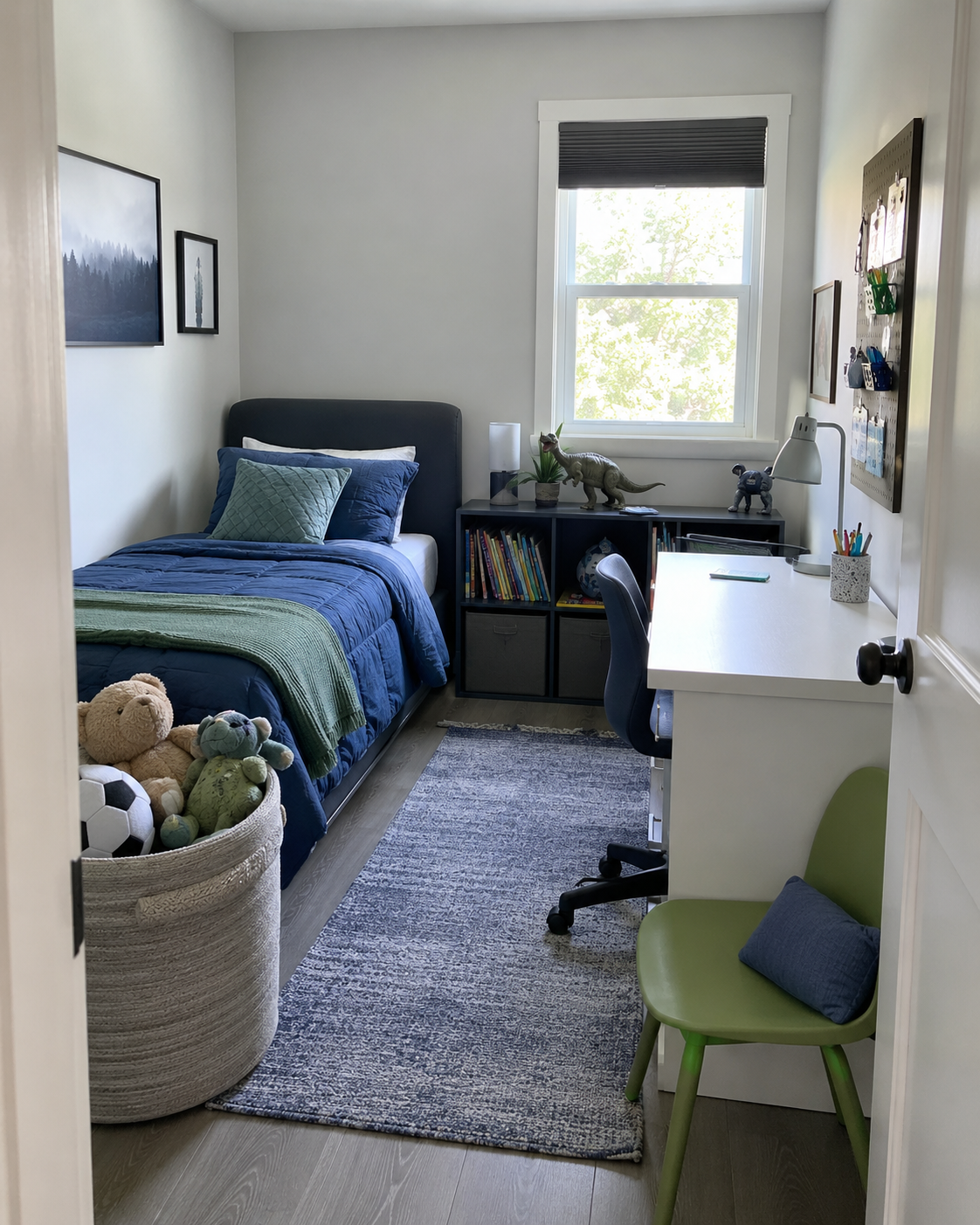 Small Kids Room Solutions - Ravnora Decor Small kids bedroom where a standard desk, low bookcase, toy basket and extra seating crowd the usable floor.