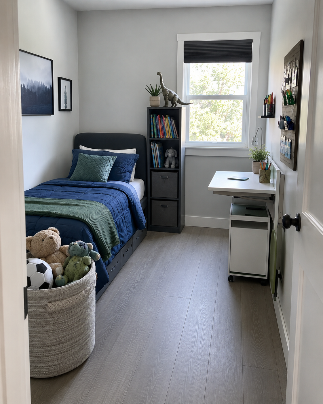 Small Kids Room Solutions - Ravnora Decor The same small kids bedroom reorganized with taller storage, a compact work area and a clearer central floor.
