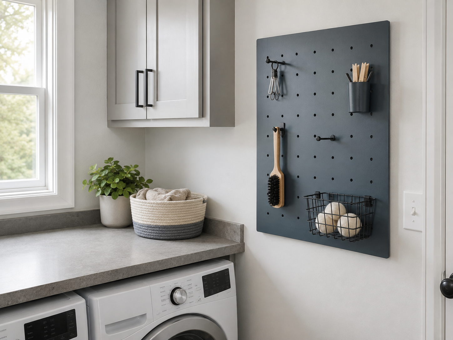 Laundry Wall Organization - Ravnora Decor Modular laundry pegboard organizing small accessories while leaving the nearby work surface clear.
