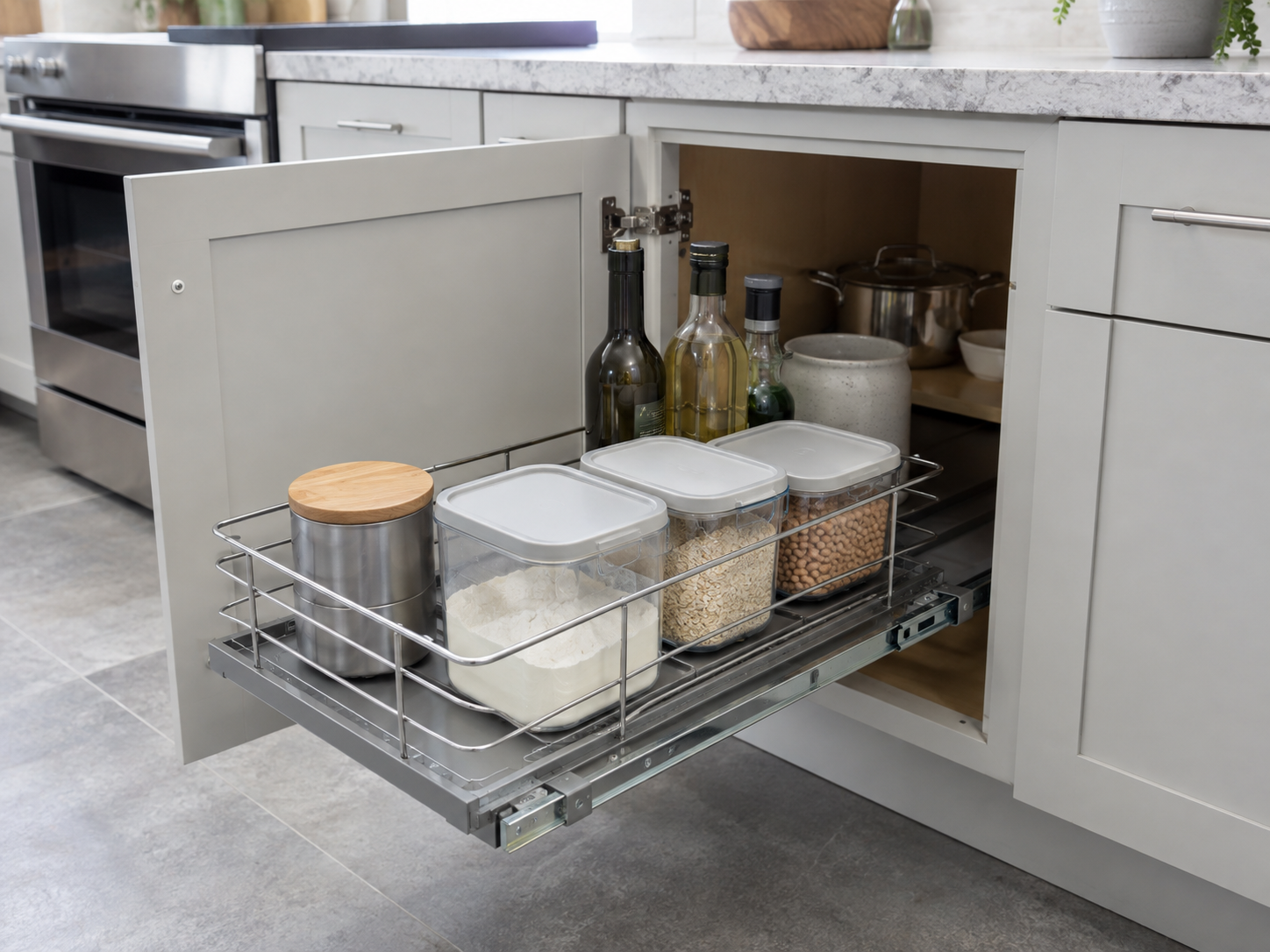 Kitchen Cabinet Organization - Ravnora Decor Pull-out organizer extending from a deep lower kitchen cabinet so items stored at the back move forward.