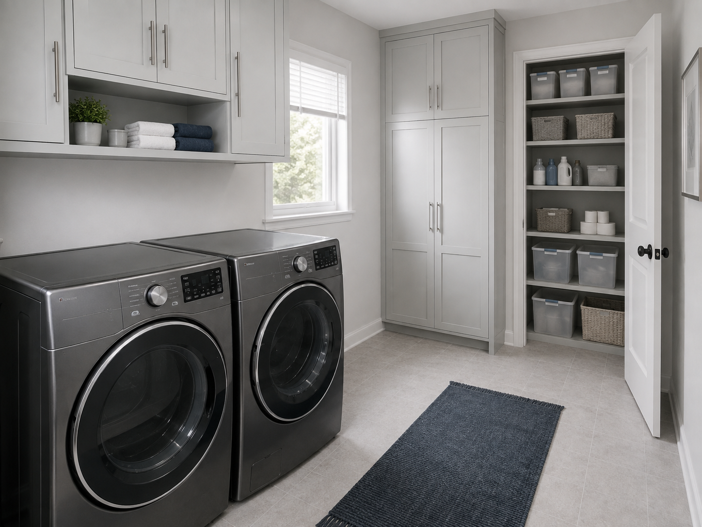 Laundry room with backup supplies moved into closed cabinetry and lidded reserve bins away from the everyday work zone.