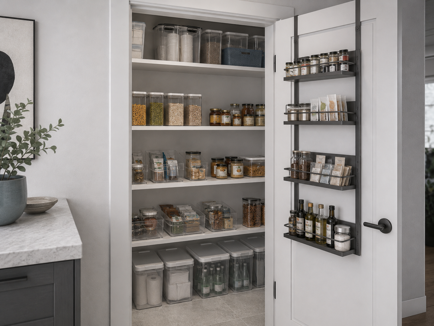 Kitchen Pantry Organization - Ravnora Decor Open pantry door with shallow vertical storage while everyday shelves stay clear and backstock sits in separate lidded bins.