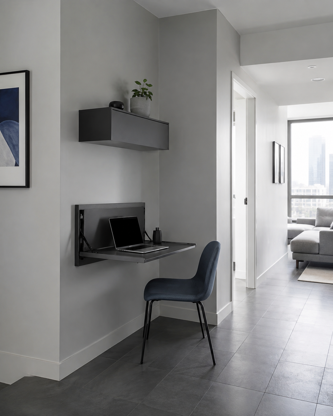 Compact bedroom corner office using otherwise wasted geometry.