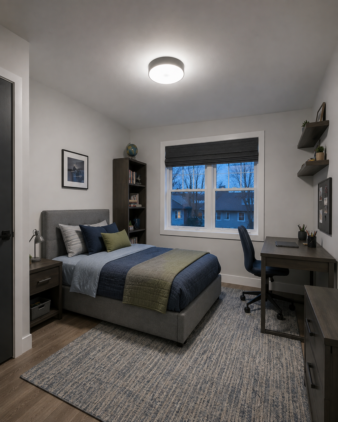 Kids room relying on one overhead light with no dedicated task or secondary lighting layer.