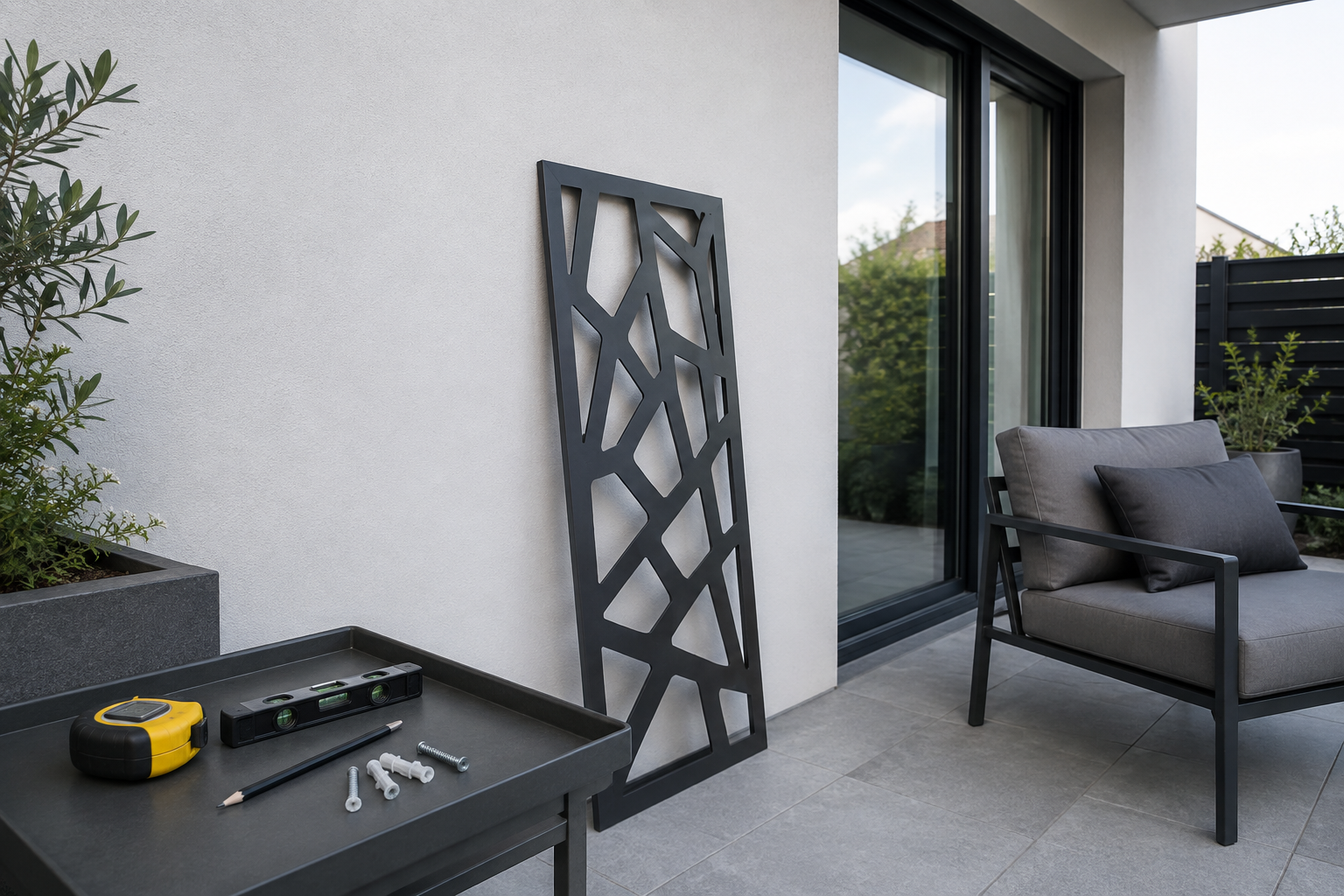 Patio wall mounting preparation with tape measure, level, hardware and a proposed wall decor location.