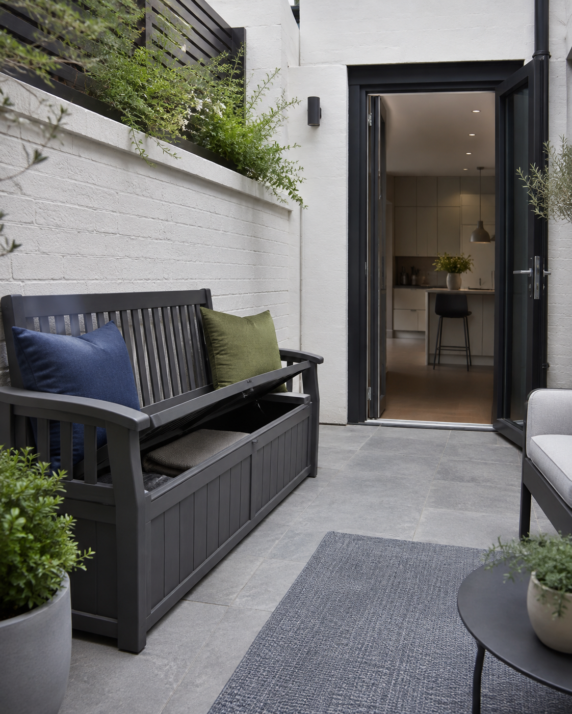 Charcoal outdoor storage bench with backrest positioned beside a clear patio walkway and open exterior doorway.
