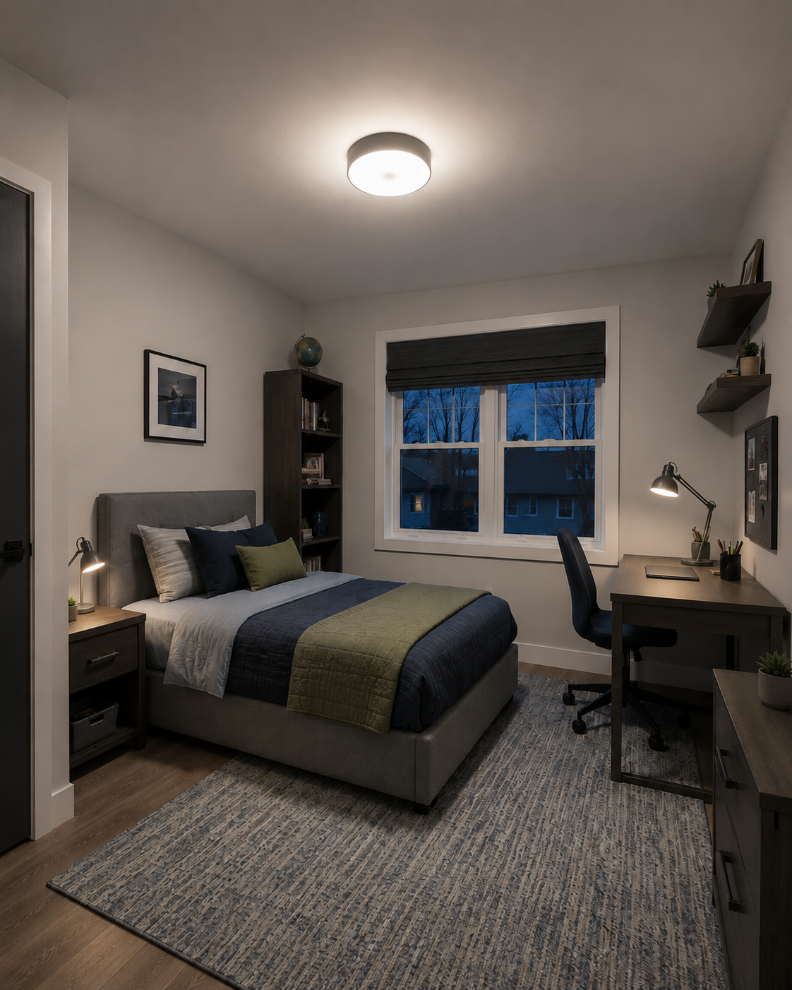 Same kids room improved with separate general, desk-task and secondary lighting.