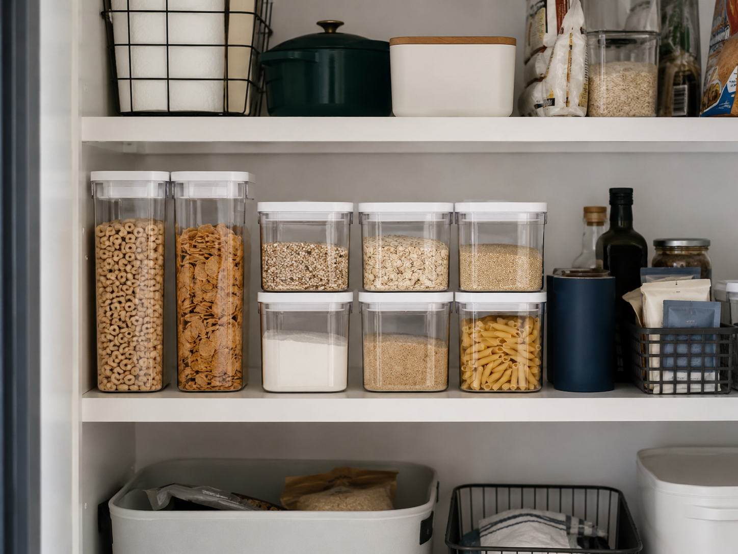 Kitchen Pantry Organization - Ravnora Decor Everyday pantry shelf arranging cereal and dry goods in clear containers with backstock separated from the easiest reach zone.