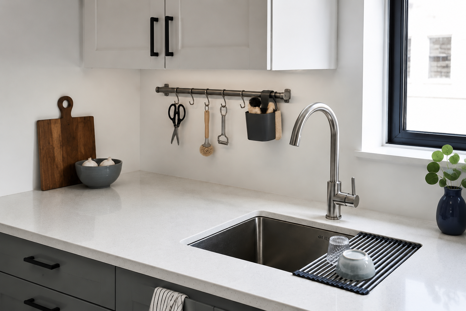 Open compact kitchen cabinet with pull-forward cookware storage and layered access