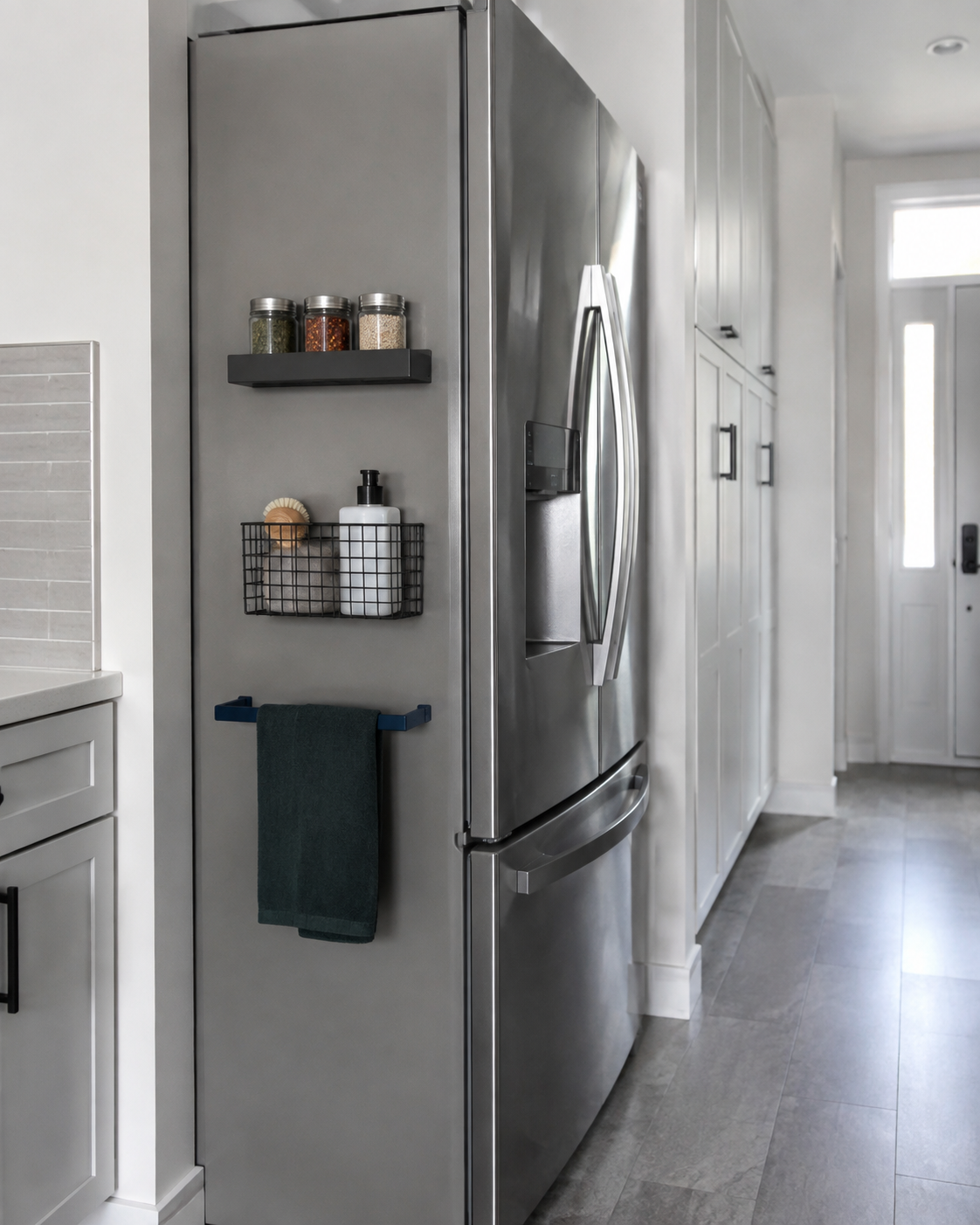 Narrow refrigerator-side kitchen area using shallow magnetic storage, wall baskets and utility organizers