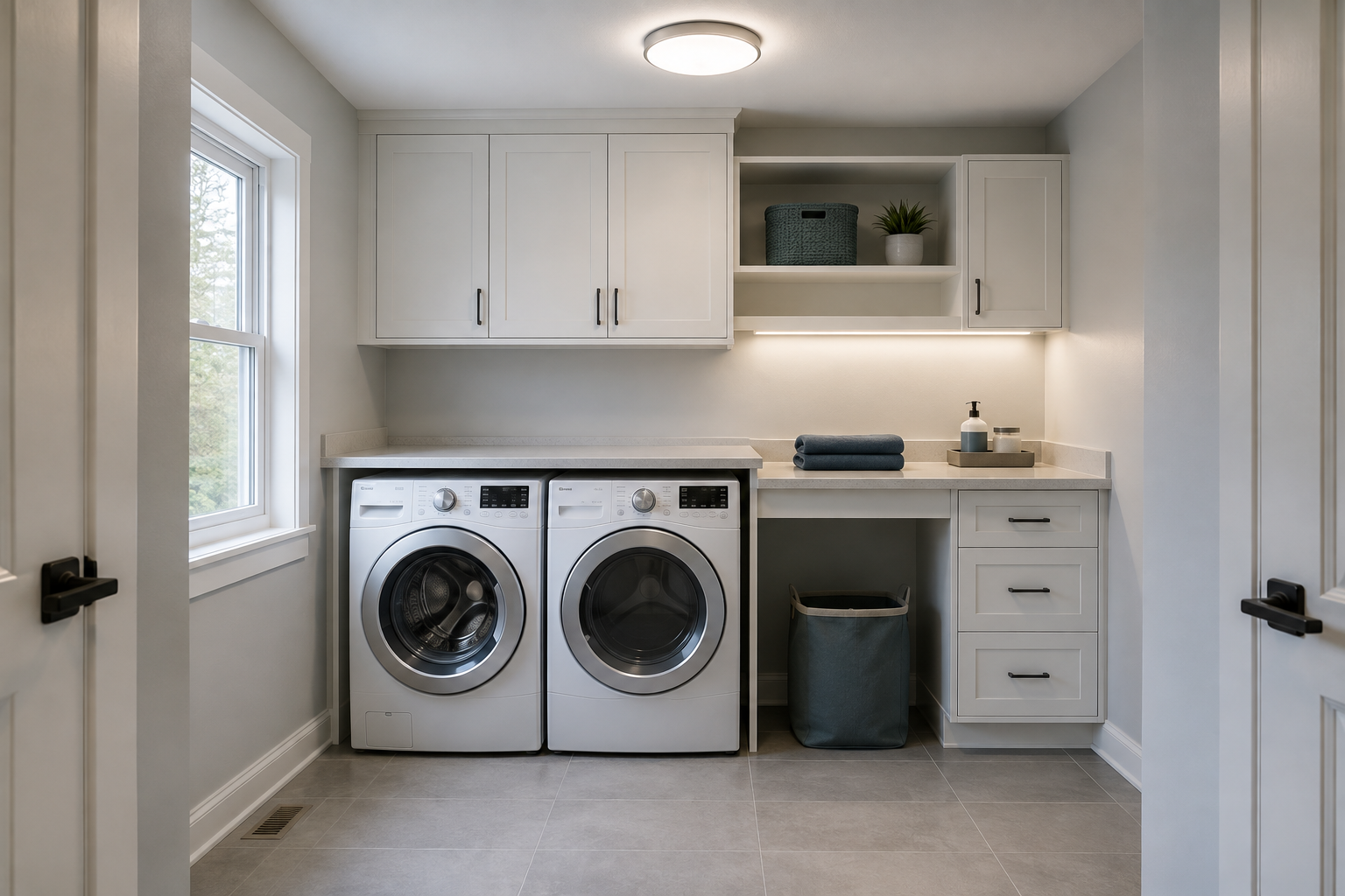 Laundry room combining broad ceiling lighting with a focused task layer.