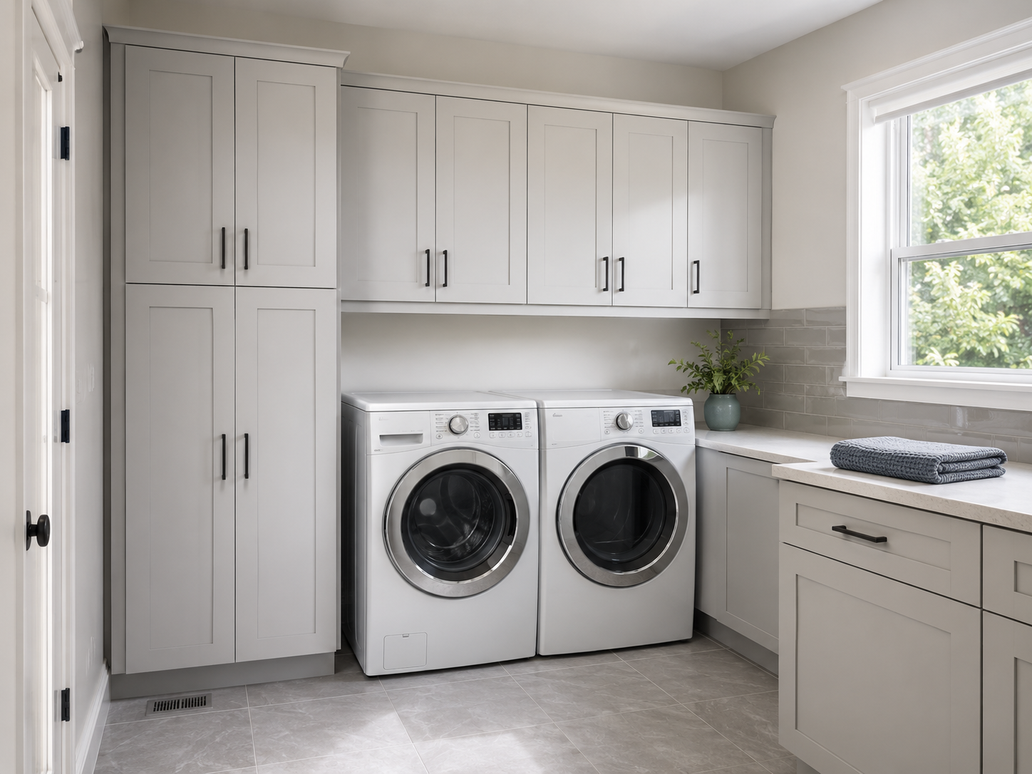 Modern laundry room using closed tall, base and wall cabinets to conceal supplies while keeping the work area clear.