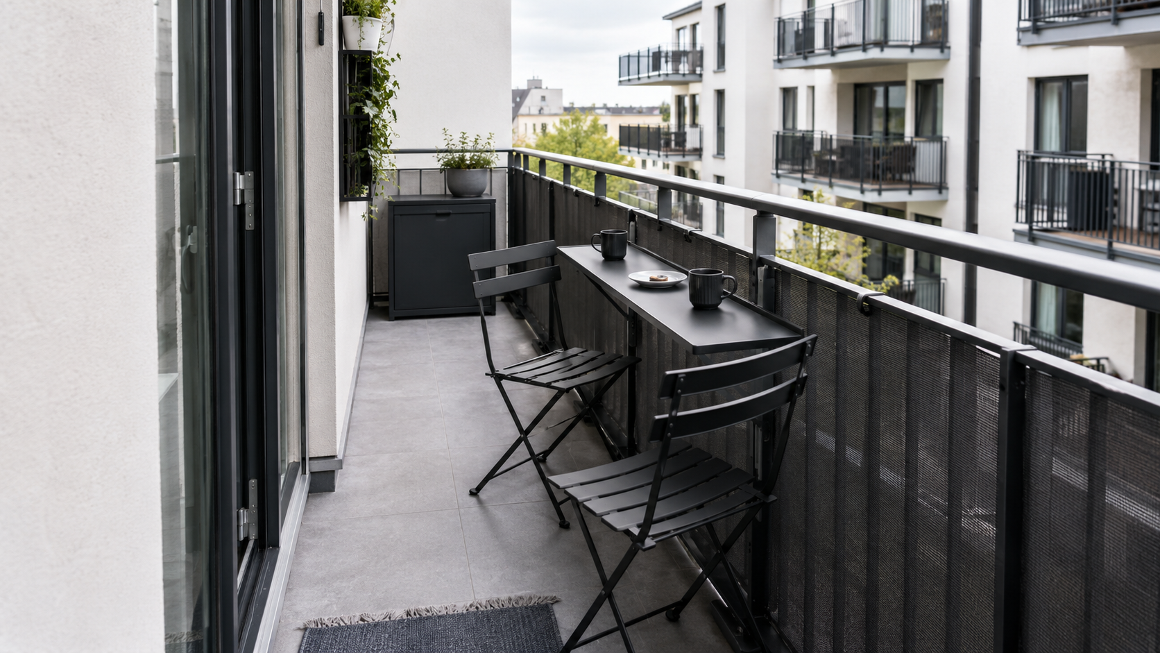 Small Balcony Solutions - Ravnora Decor Small balcony arranged for two with folding chairs and an edge-positioned table leaving a clear route from the doorway.