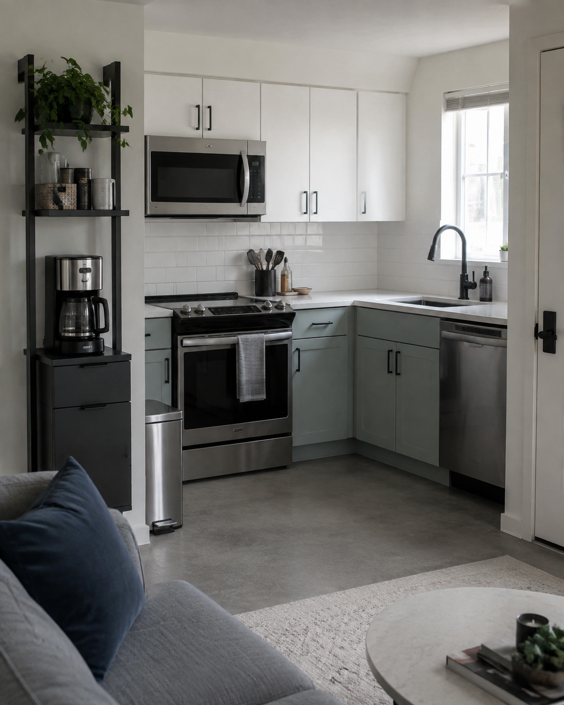 Compact open-plan kitchen with controlled visible storage and clear work surfaces