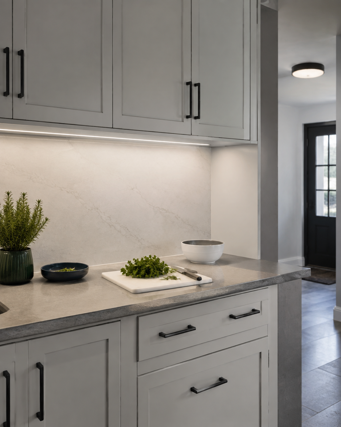 Compact modern kitchen preparation counter illuminated by a discreet under-cabinet task-light layer.