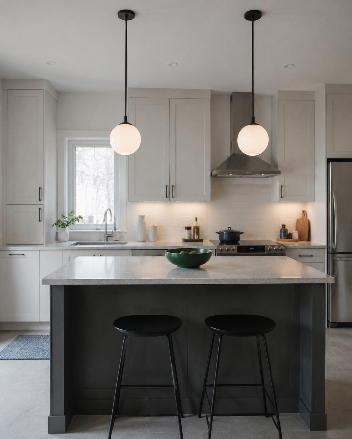 Kitchen island with restrained pendant lighting balanced by general and background task lighting.