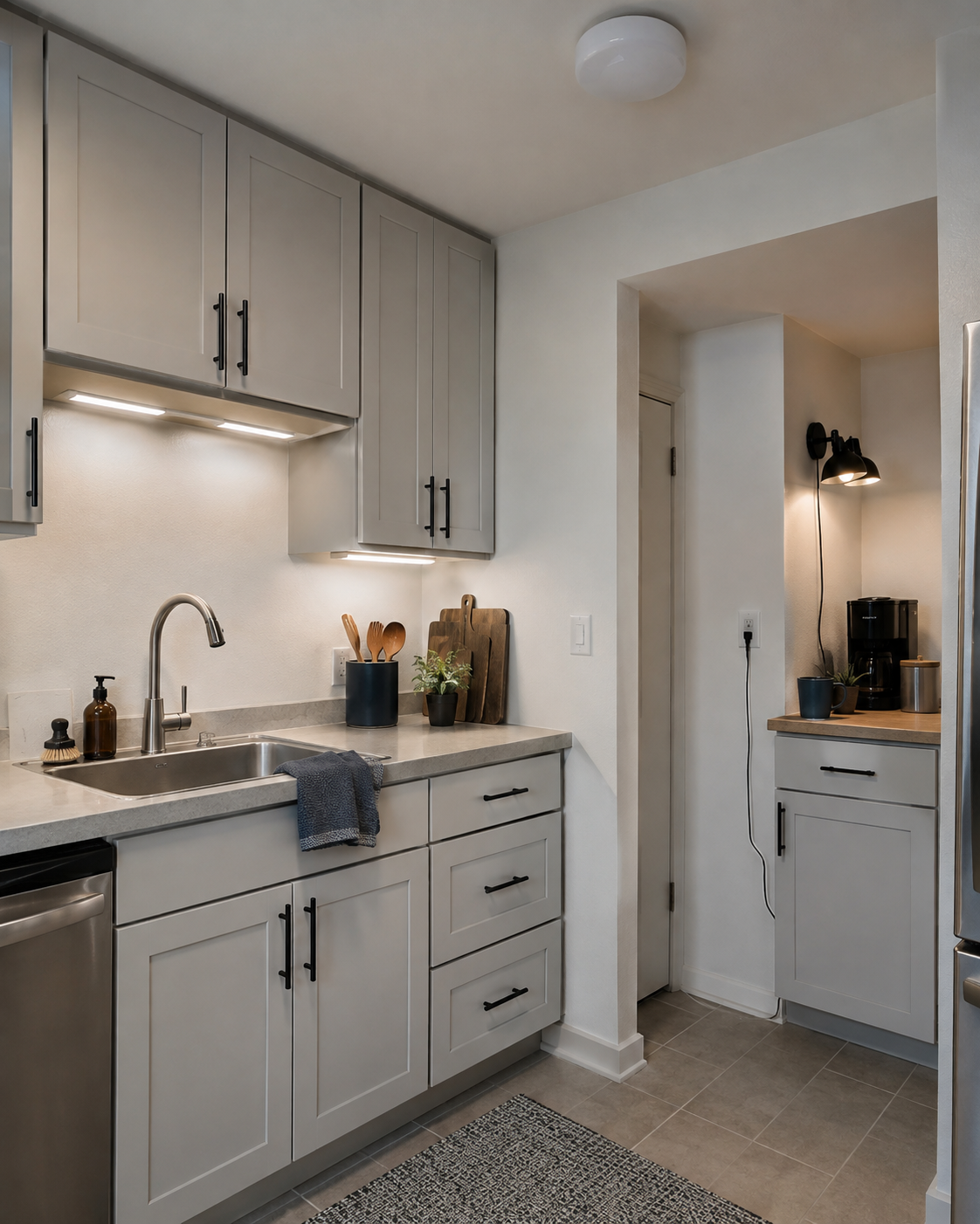 Apartment kitchen using rechargeable task lights and a tidy plug-in accent source while retaining the existing ceiling fixture.