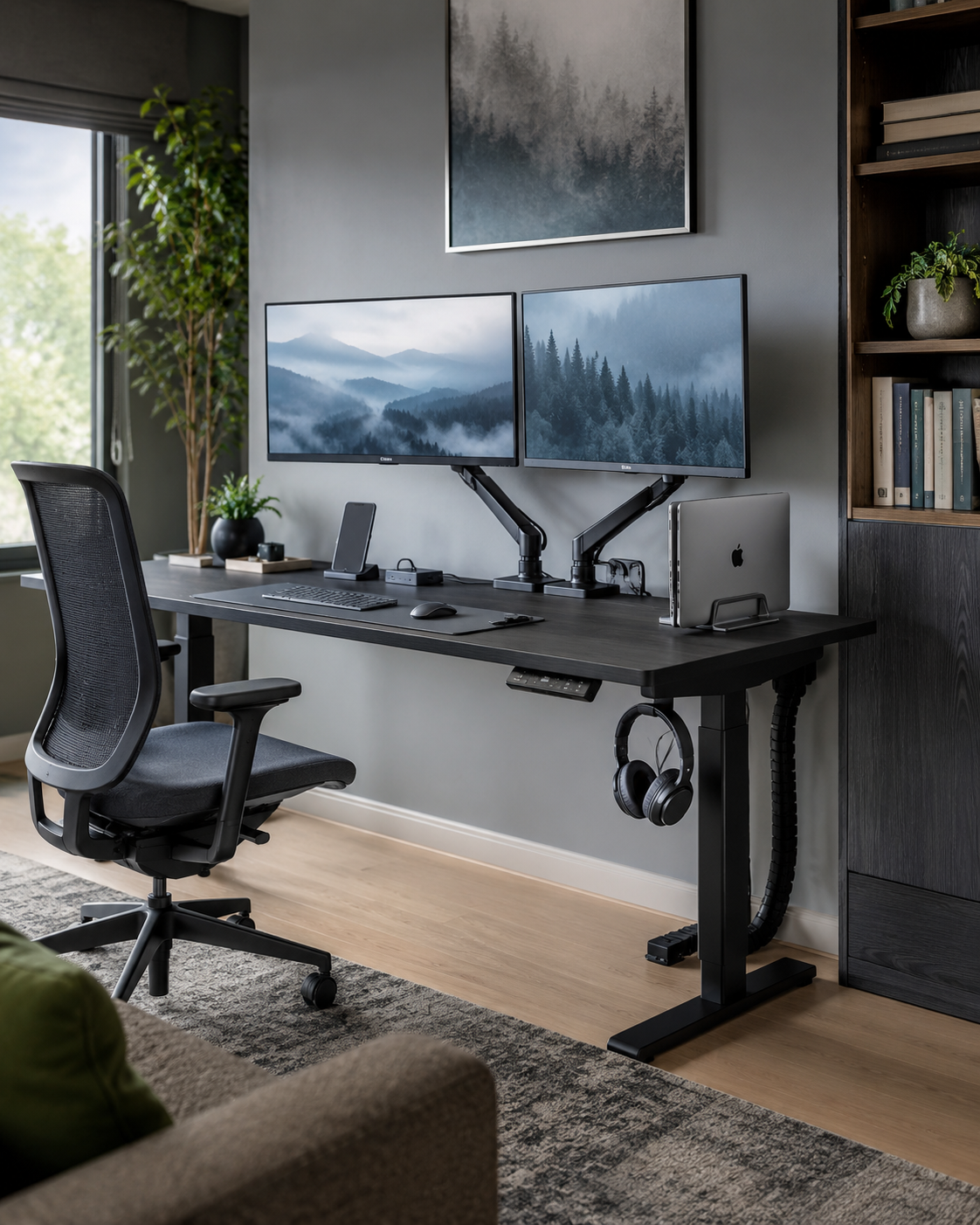 Home Office Desk Accessories - Ravnora Decor Connected technology home office with raised screens, vertically parked laptop, controlled charging and hidden cable bulk.
