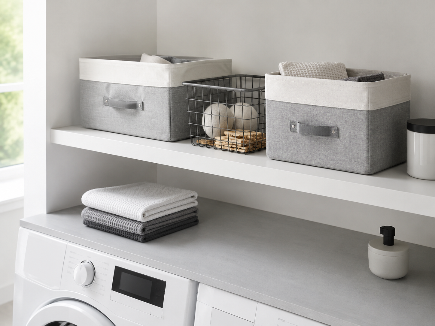 Laundry shelf using handled fabric bins and a wire basket to organize small supplies.
